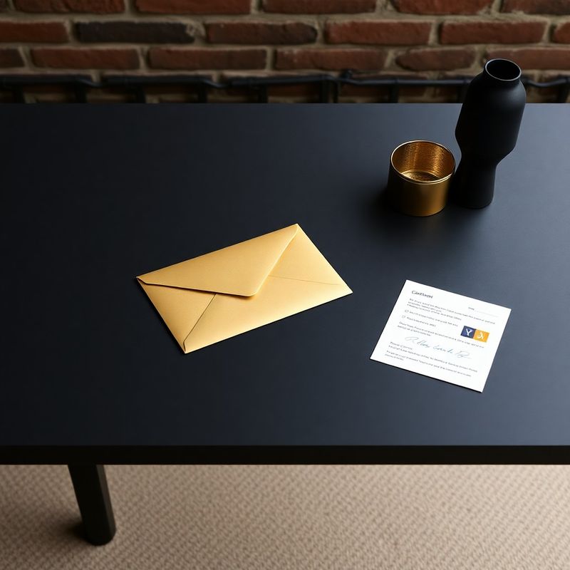 Minimalistisch bureau met een gouden envelop en een handgeschreven notitie