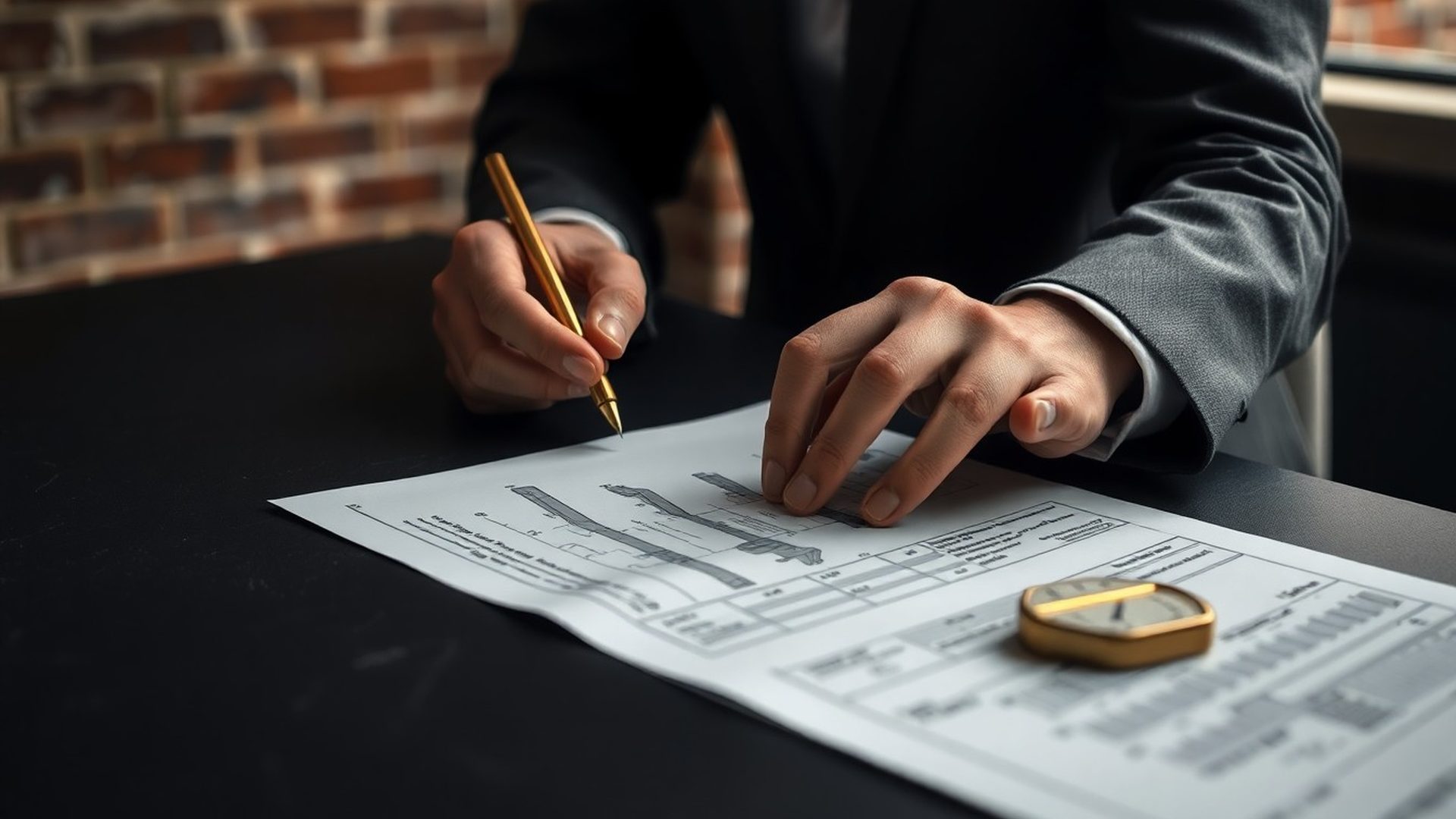 Handen van een adviseur die technische documenten doorneemt aan een donker bureau