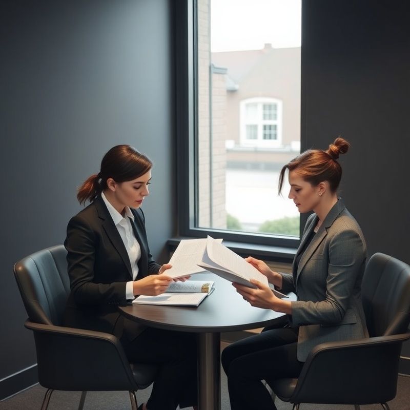 Twee professionals in een minimalistische vergaderruimte die documenten doornemen