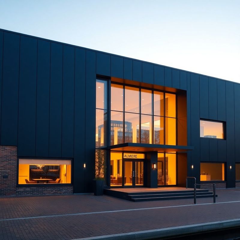 Exterieur van een modern kantoorgebouw in Almere bij schemer